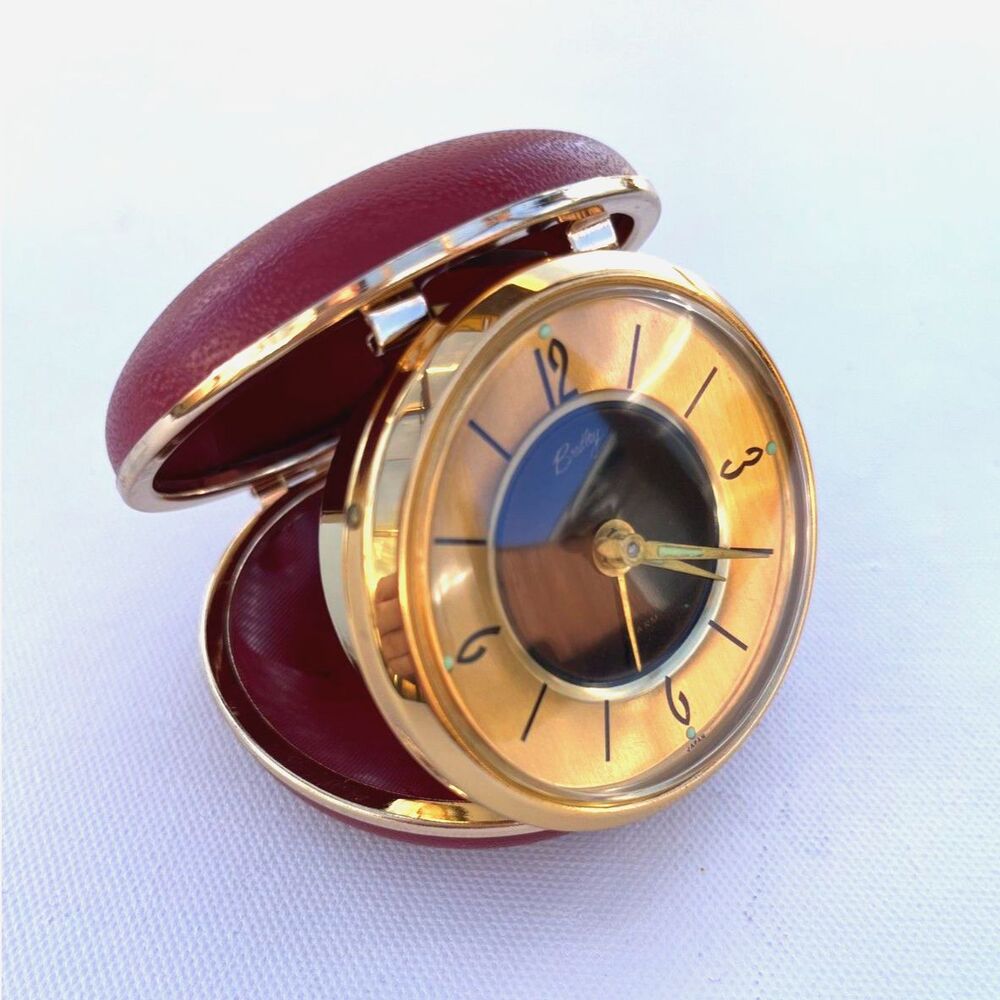 Vintage Bradley Travel Alarm Clock Red Leather Case Luminous Dial Japan Retro